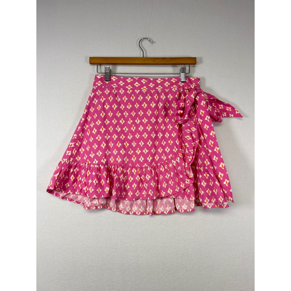 Boho Girly Aerie Wrap Mini Skirt Women Medium Pink Ikat Ruffle Hem Beachy